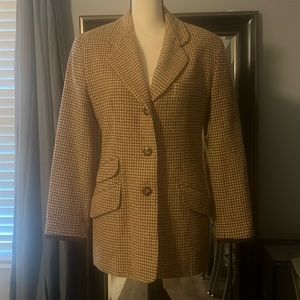Brooks Brothers Wool Coat - Size 8, Tan & Brown Houndstooth with Suede Trim